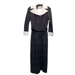 70s Black with White Cuffs & Collar Maxi Dress Medium Tall